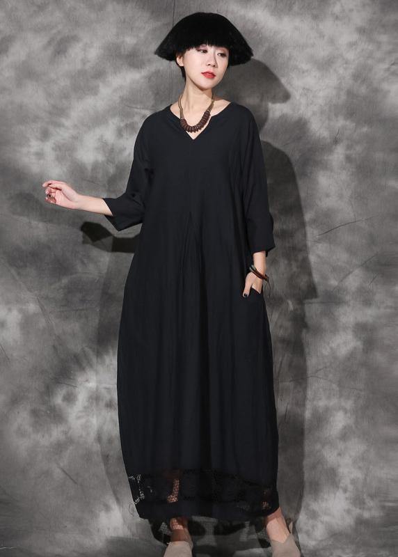 Unique v neck cotton dress Wardrobes black patchwork lace hem Plus Size Dress summer - SooLinen