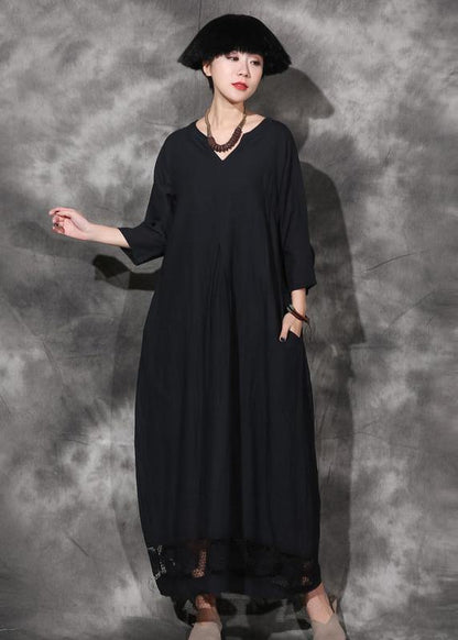 Unique v neck cotton dress Wardrobes black patchwork lace hem Plus Size Dress summer - SooLinen