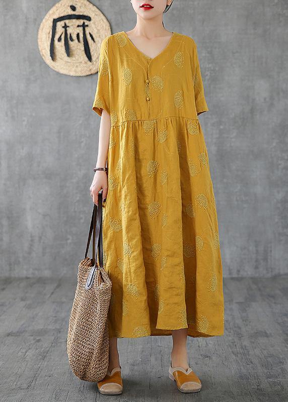 Unique v neck embroidery linen Robes Runway yellow Dress - SooLinen