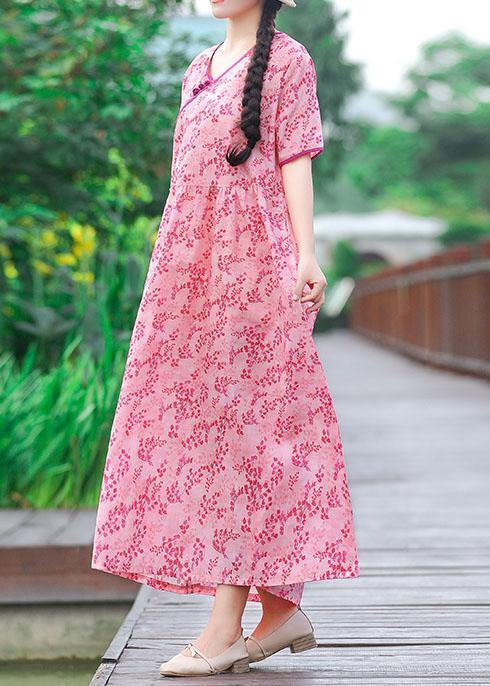 Unique v neck pockets cotton linen quilting clothes linen pink print Dress summer - SooLinen