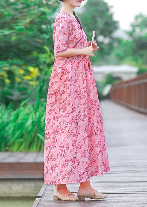 Unique v neck pockets cotton linen quilting clothes linen pink print Dress summer - SooLinen