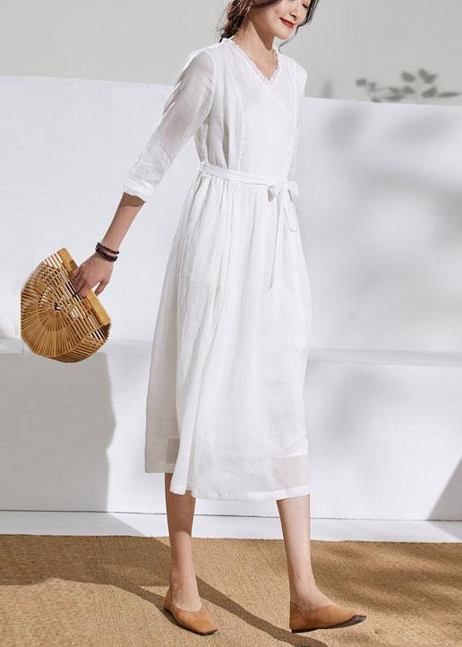 Unique v neck pockets linen Wardrobes white Dresses - SooLinen
