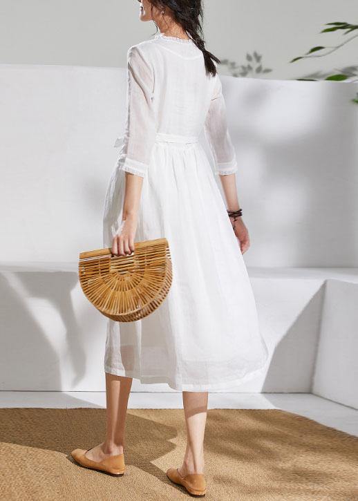 Unique v neck pockets linen Wardrobes white Dresses - SooLinen