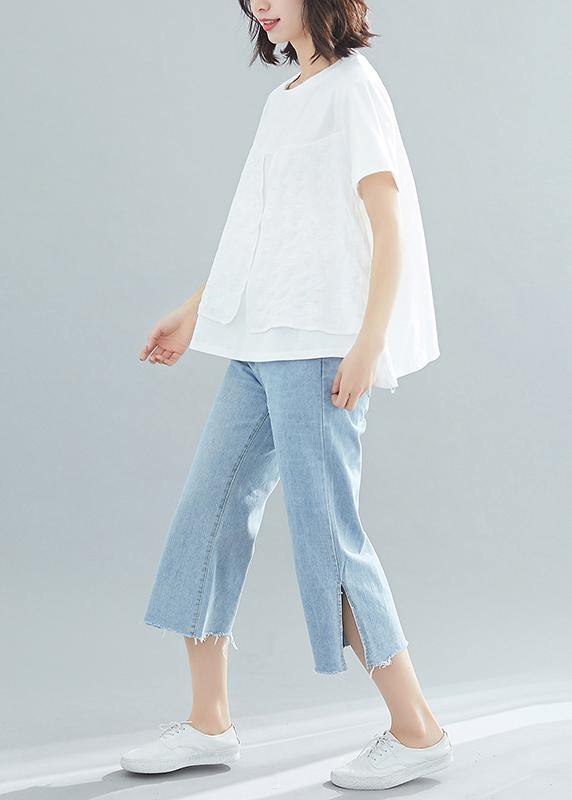Unique white cotton Casual Tutorials o neck patchwork Knee Summer blouse - SooLinen