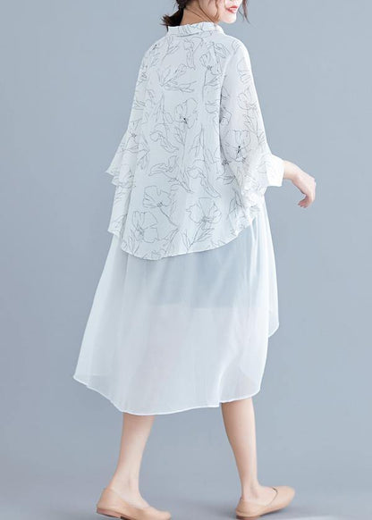 Unique white print chiffon outfit Omychic Work o neck patchwork asymmetric A Line Summer Dresses - SooLinen