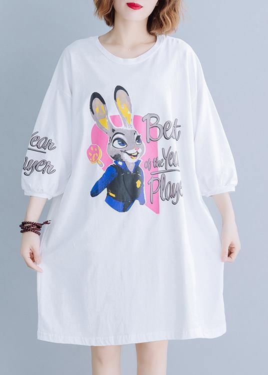 Unique white prints Cotton dress back lace patchwork baggy summer Dress - SooLinen