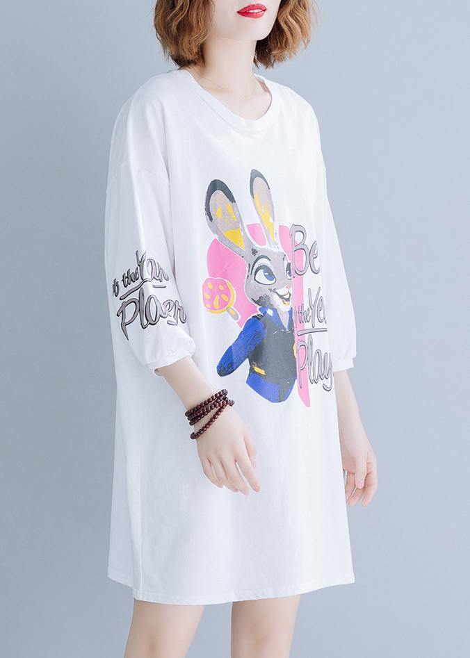 Unique white prints Cotton dress back lace patchwork baggy summer Dress - SooLinen