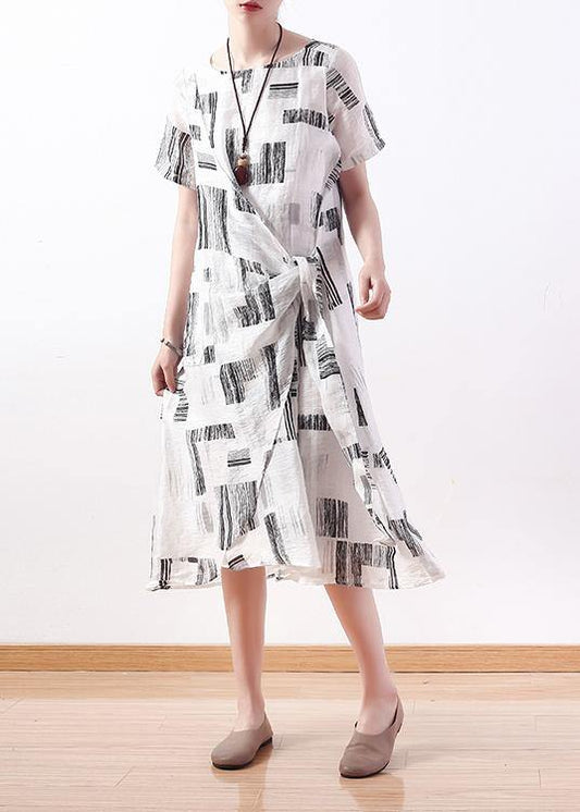 Unique white prints silk linen Robes tie waist cotton summer Dress - SooLinen
