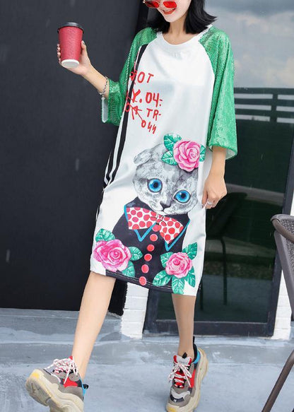 Unique white short sleeve cotton Long Shirts prints Maxi Dress - SooLinen