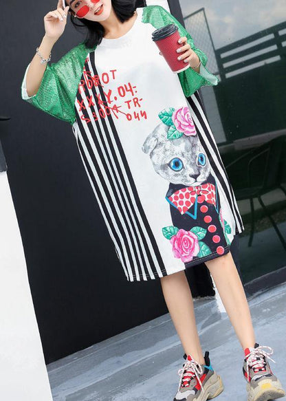 Unique white short sleeve cotton Long Shirts prints Maxi Dress - SooLinen