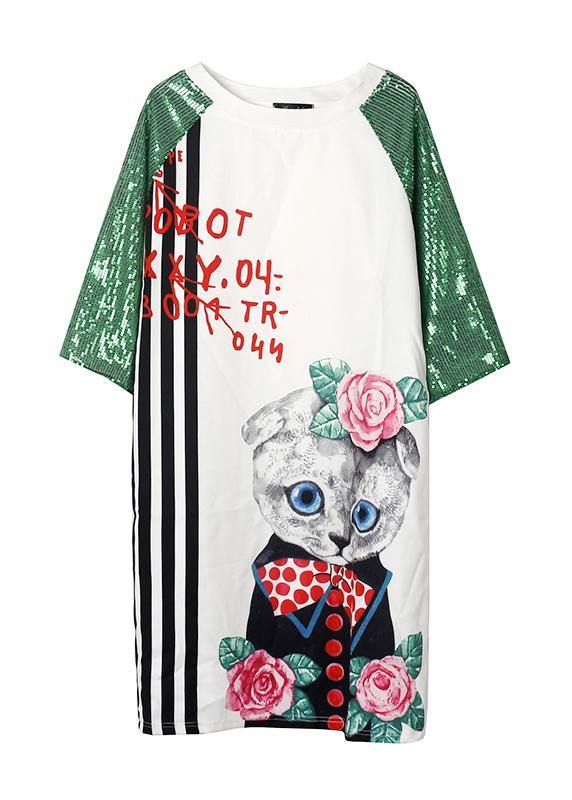 Unique white short sleeve cotton Long Shirts prints Maxi Dress - SooLinen