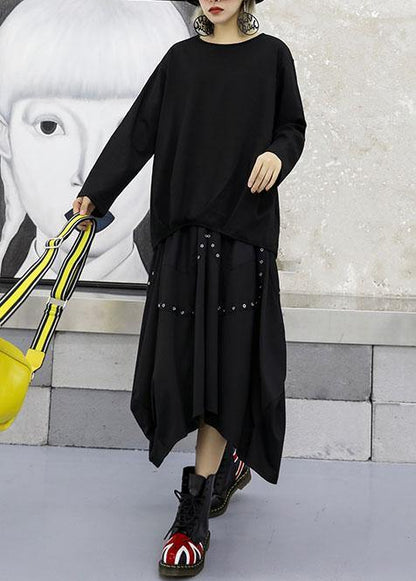 Unique Cinched cotton top silhouette Neckline black blouses fall - SooLinen