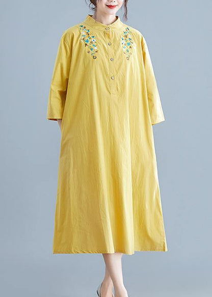 Unique yellow embroidery cotton clothes stand collar pockets Plus Size summer Dress - SooLinen