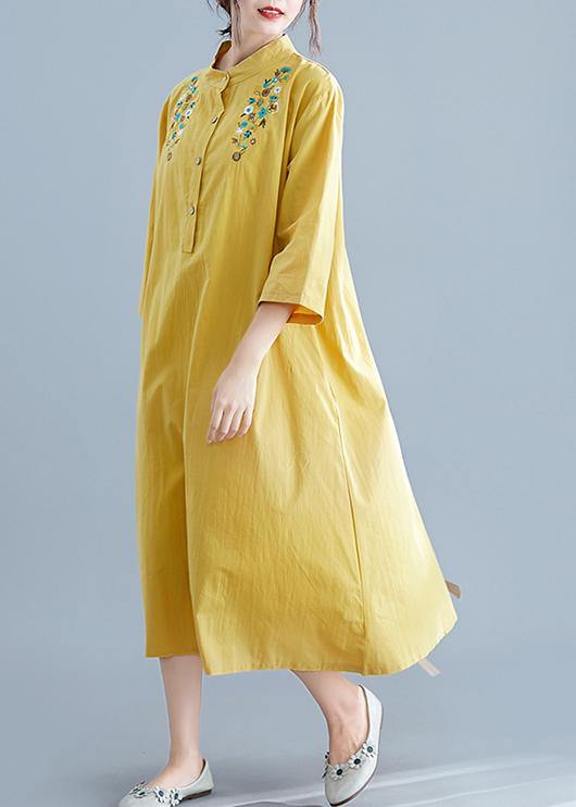 Unique yellow embroidery cotton clothes stand collar pockets Plus Size summer Dress - SooLinen