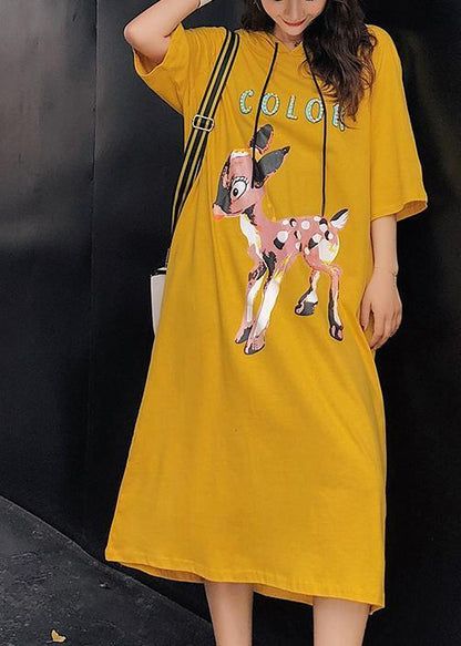 Einzigartiges gelbes Baumwoll-Steppkleid mit indischer Form, Rundhalsausschnitt, halblange Ärmel, Kaftan, Sommerkleid