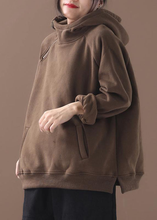 Unique zippered cotton hooded tops women blouses Wardrobes brown blouses - SooLinen