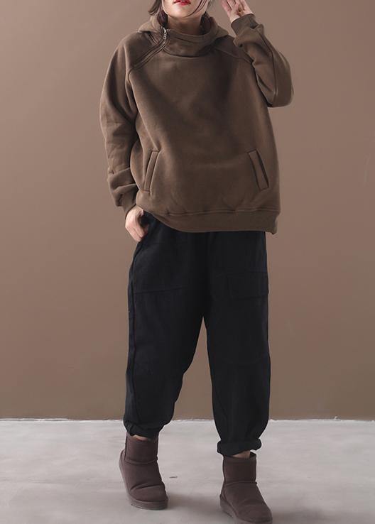 Unique zippered cotton hooded tops women blouses Wardrobes brown blouses - SooLinen