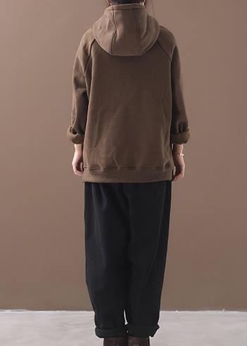 Unique zippered cotton hooded tops women blouses Wardrobes brown blouses - SooLinen