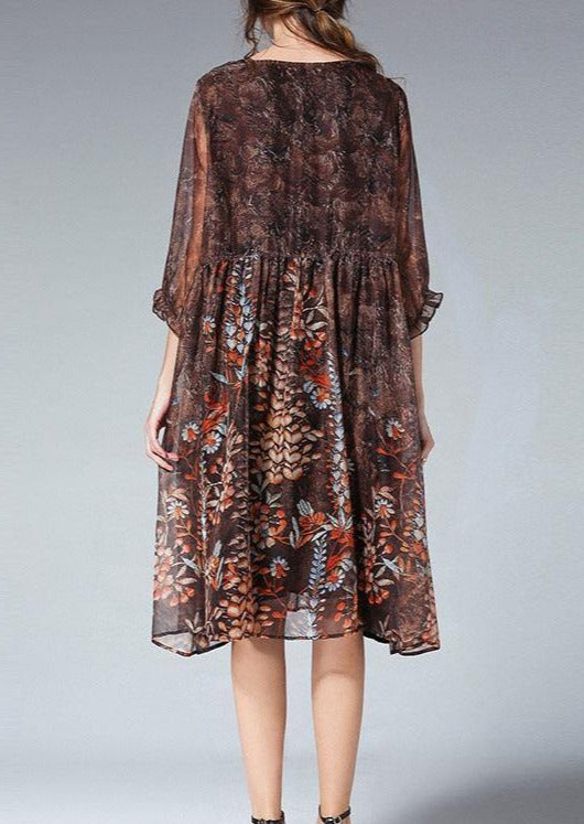 Unique Blue Print Tunic Pattern O Neck Cinched Plus Size Summer Dresses - SooLinen