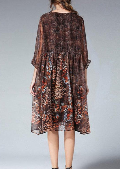 Unique Blue Print Tunic Pattern O Neck Cinched Plus Size Summer Dresses - SooLinen