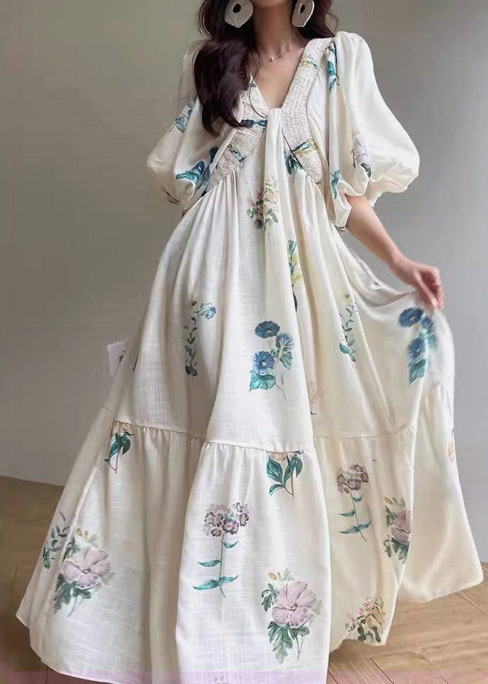 Weißes Baumwollkleid mit Puffärmeln und Print im Urlaubsstil
