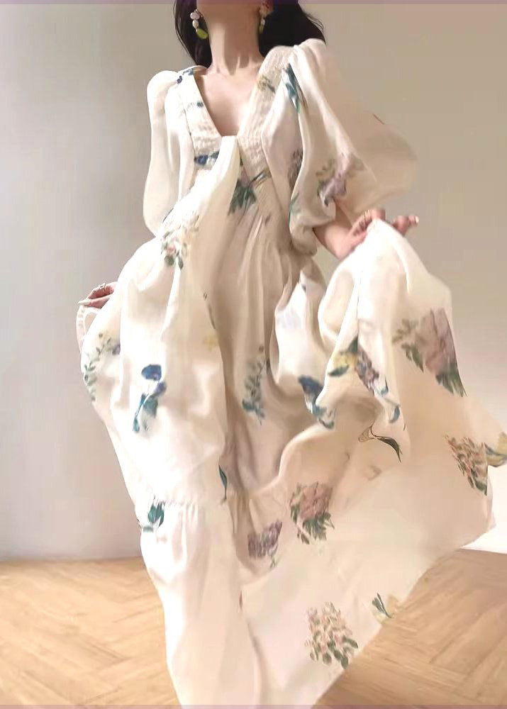 Weißes Baumwollkleid mit Puffärmeln und Print im Urlaubsstil