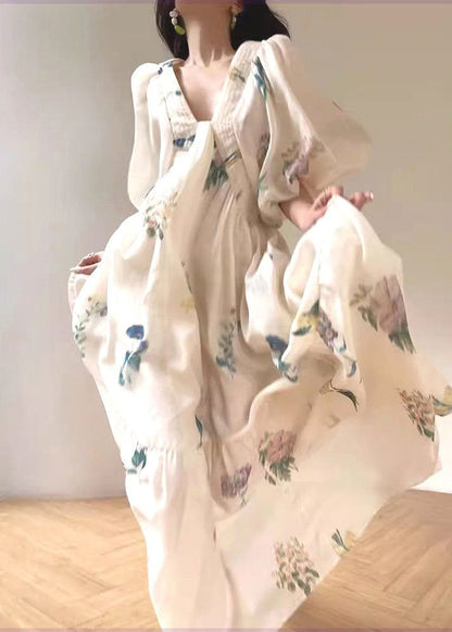 Weißes Baumwollkleid mit Puffärmeln und Print im Urlaubsstil