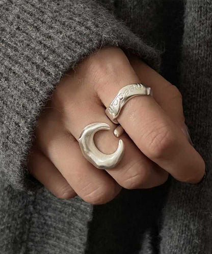 Vintage 925 Silver Graphic Moon Rings Two Piece Set