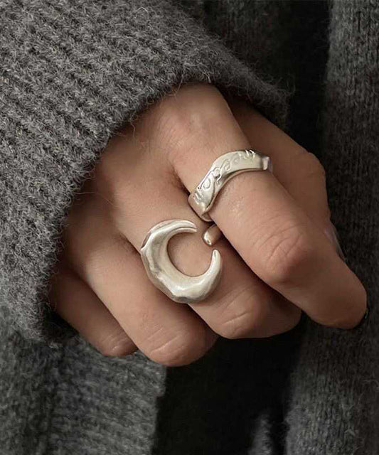 Vintage 925 Silver Graphic Moon Rings Two Piece Set