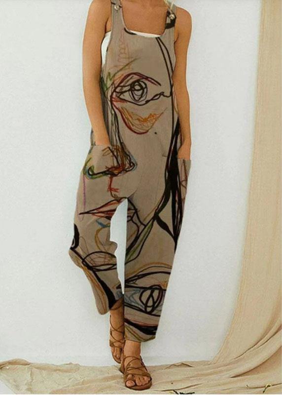 Vintage Abstract Art Illustration Print Straps Women Jumpsuit With Pocket - SooLinen