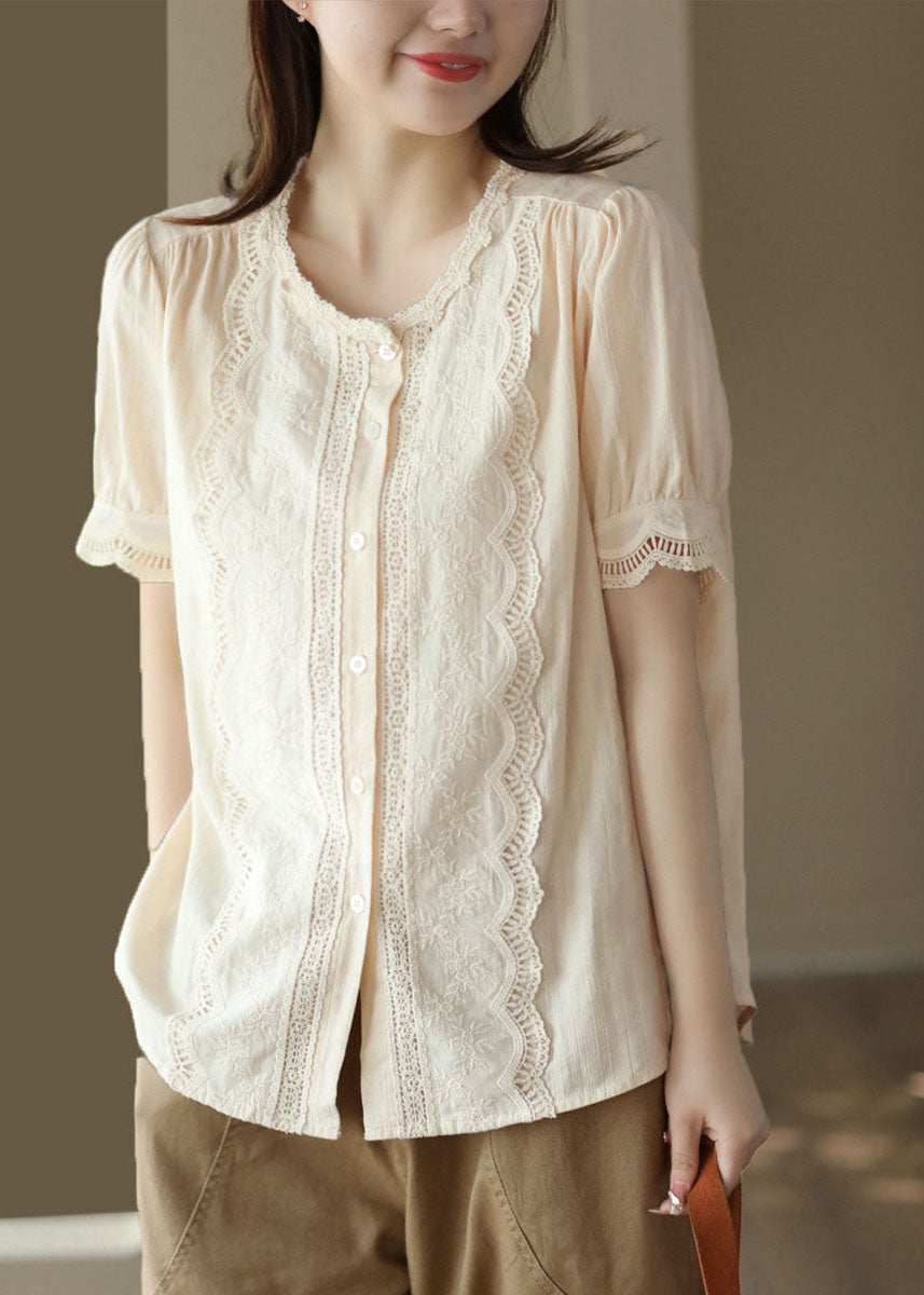Blusas vintage de algodón con patchwork bordado y huecos en color albaricoque para verano