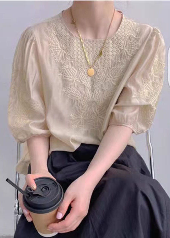 Vintage Apricot O-Ausschnitt besticktes Seidentop Puffärmel