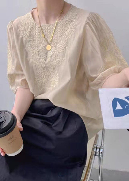 Vintage Apricot O-Ausschnitt besticktes Seidentop Puffärmel