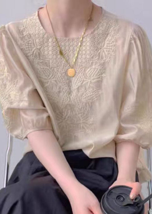 Vintage Apricot O-Ausschnitt besticktes Seidentop Puffärmel