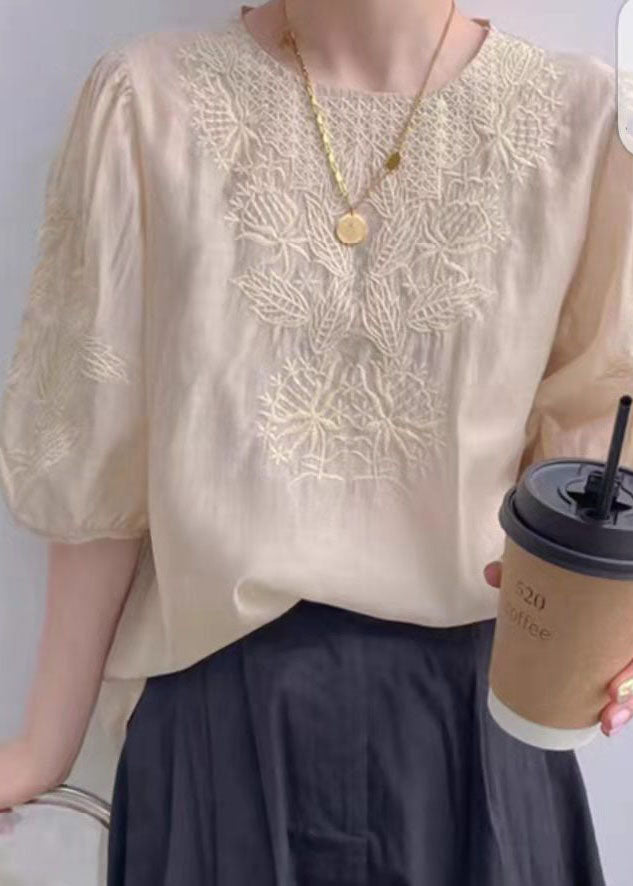 Vintage Apricot O-Ausschnitt besticktes Seidentop Puffärmel