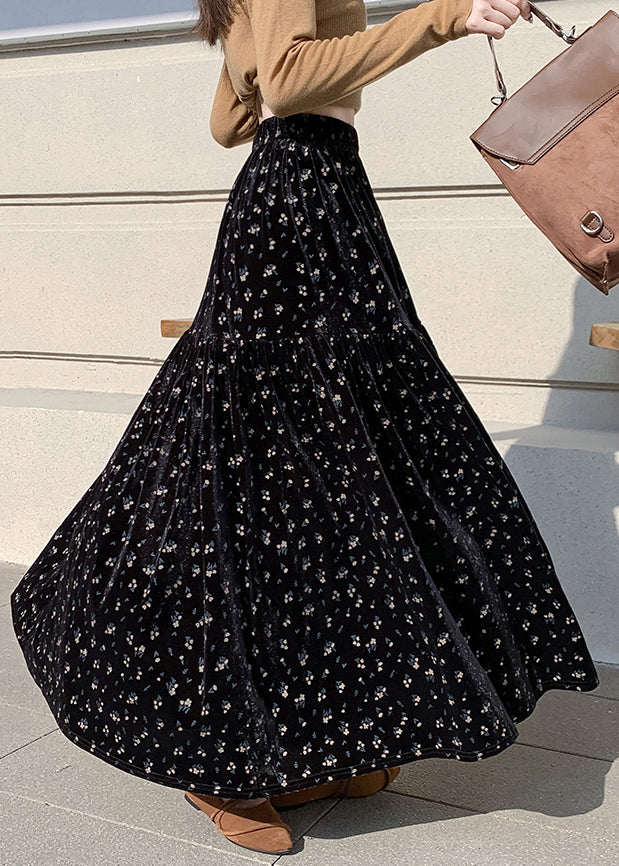 Faldas de terciopelo de cintura alta arrugadas con estampado de albaricoque vintage