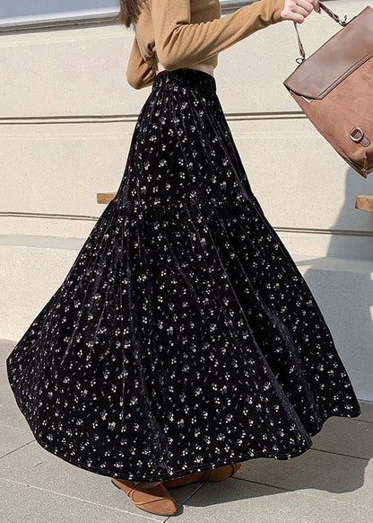 Faldas de terciopelo de cintura alta arrugadas con estampado de albaricoque vintage