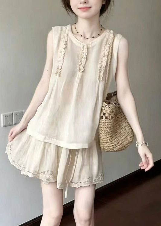 Vintage Apricot Ruffled Sheer Cotton Two Pieces Set Sleeveless