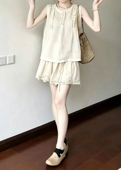 Vintage Apricot Ruffled Sheer Cotton Two Pieces Set Sleeveless