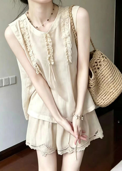Vintage Apricot Ruffled Sheer Cotton Two Pieces Set Sleeveless