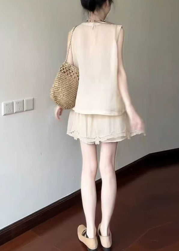 Vintage Apricot Ruffled Sheer Cotton Two Pieces Set Sleeveless