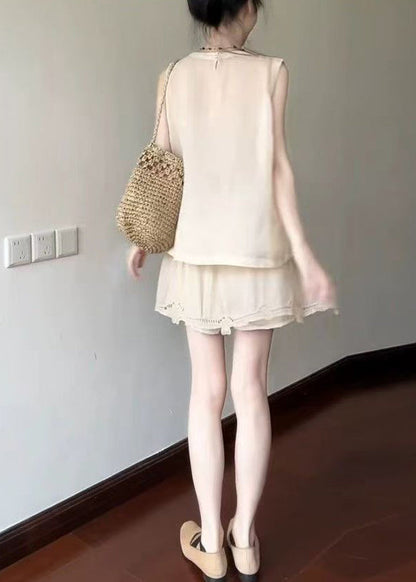 Vintage Apricot Ruffled Sheer Cotton Two Pieces Set Sleeveless