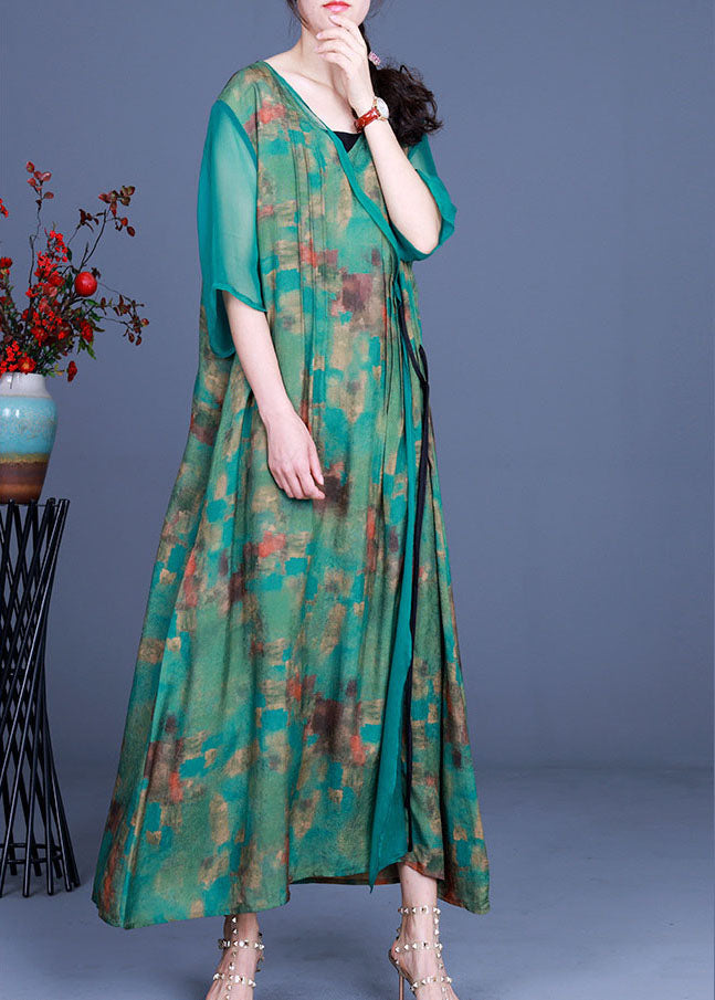 Vintage Apricot V-Ausschnitt Print asymmetrisches Design Herbst Urlaub Kleid Langarm