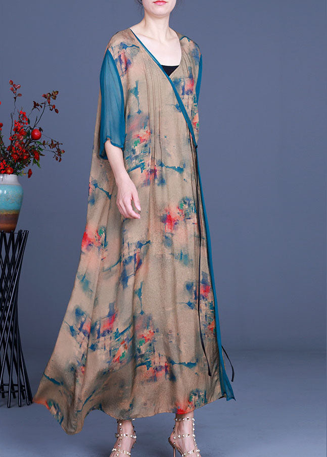 Vintage Apricot V-Ausschnitt Print asymmetrisches Design Herbst Urlaub Kleid Langarm