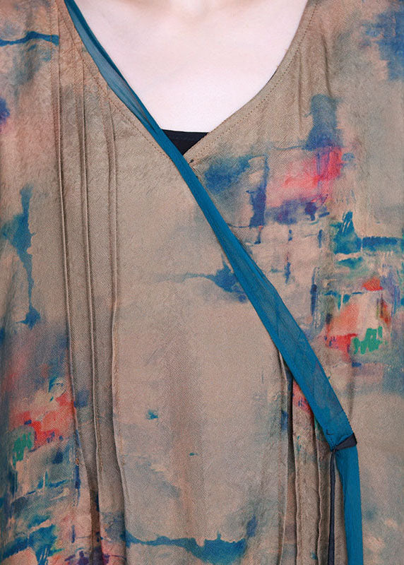 Vintage Apricot V-Ausschnitt Print asymmetrisches Design Herbst Urlaub Kleid Langarm