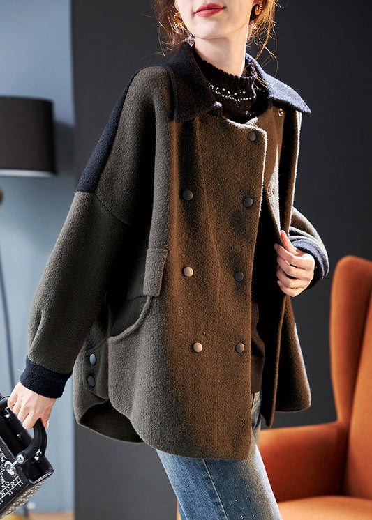 Vintage Army Green Double Breast Pockets Patchwork Woolen Coat Winter