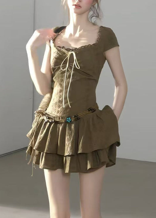Vintage Army Green Square Collar Layered Cotton Mini Dress Short Sleeve