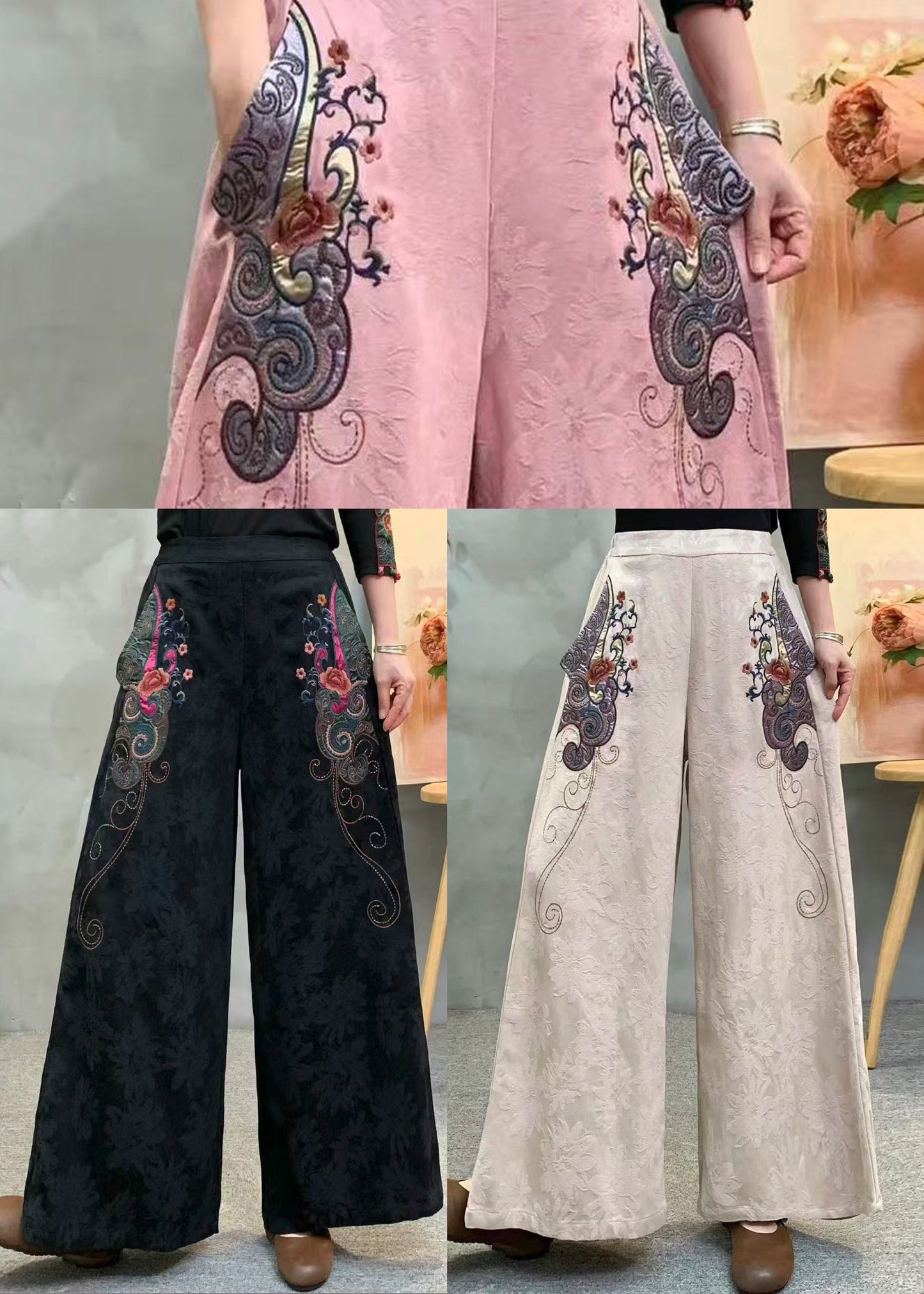 Vintage Beige bestickte Jacquard-Baumwollhose mit fließendem Drapierungsmuster für den Frühling