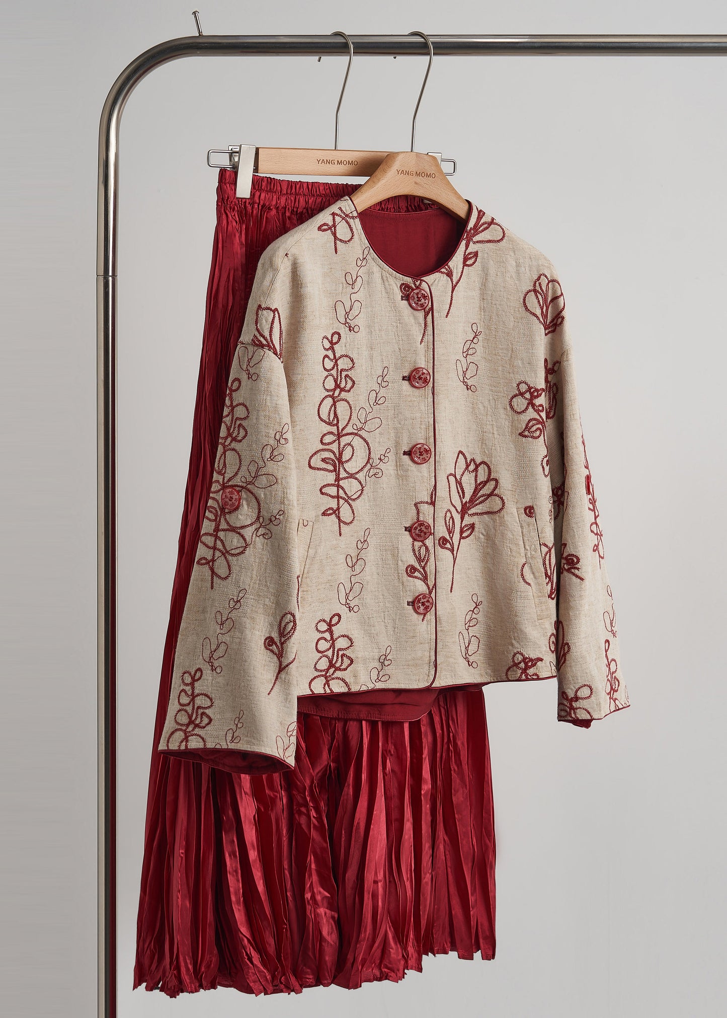 Vintage Beige Embroidered Pockets Linen Coats Spring