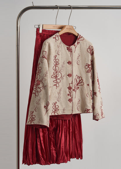 Vintage Beige Embroidered Pockets Linen Coats Spring